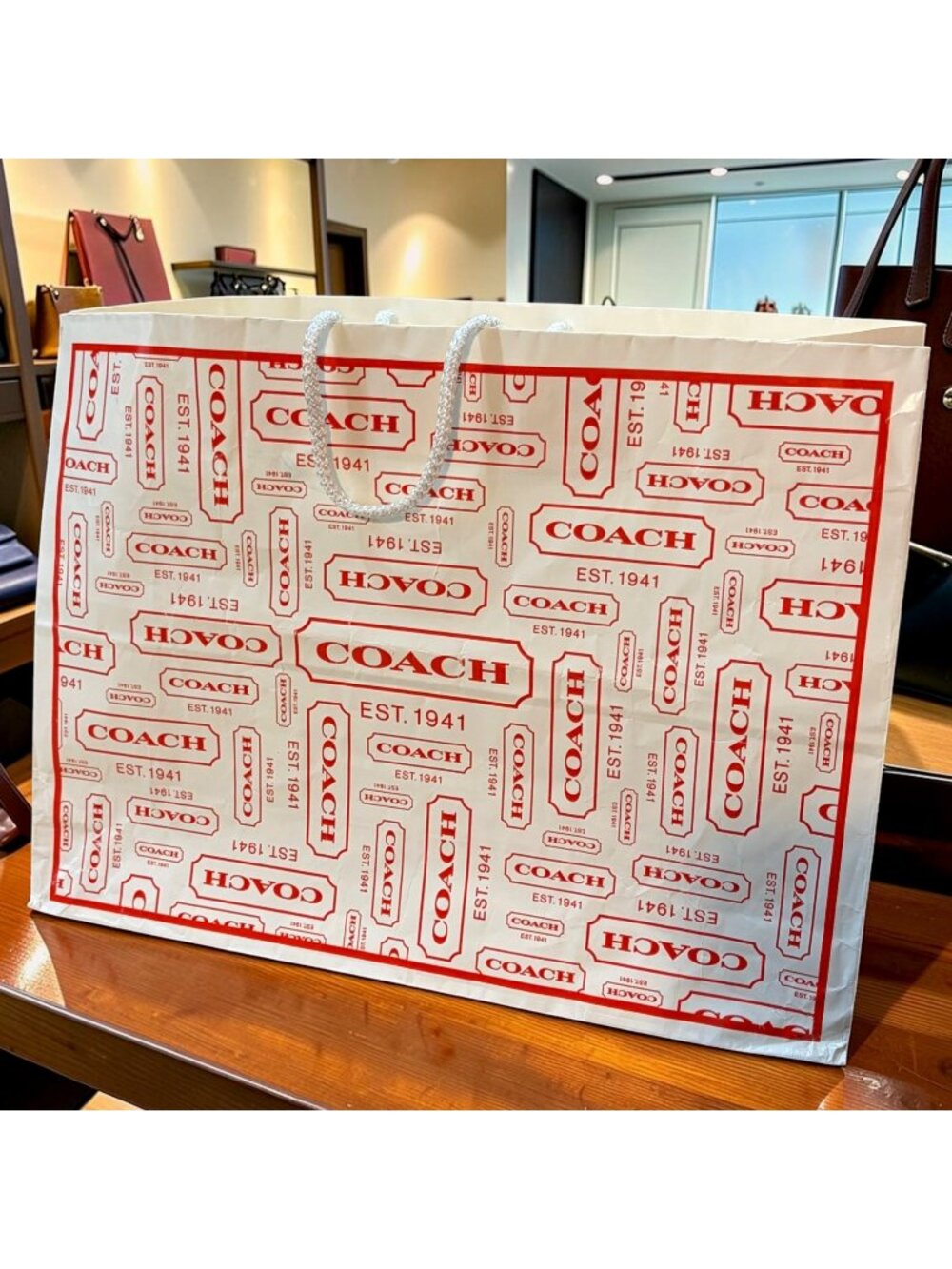 Vintage Coach Logo Print 2011 Top Handle Shopping Gift Bag Red White Paper
